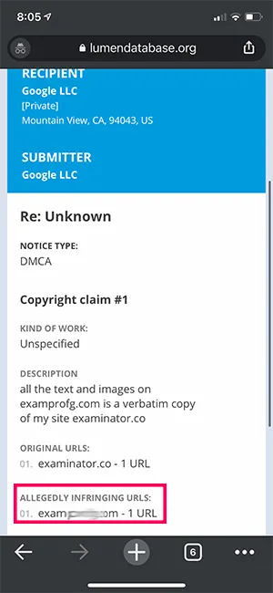 DMCA 移除请求截图